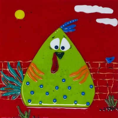 Whimsical green chicken on red background