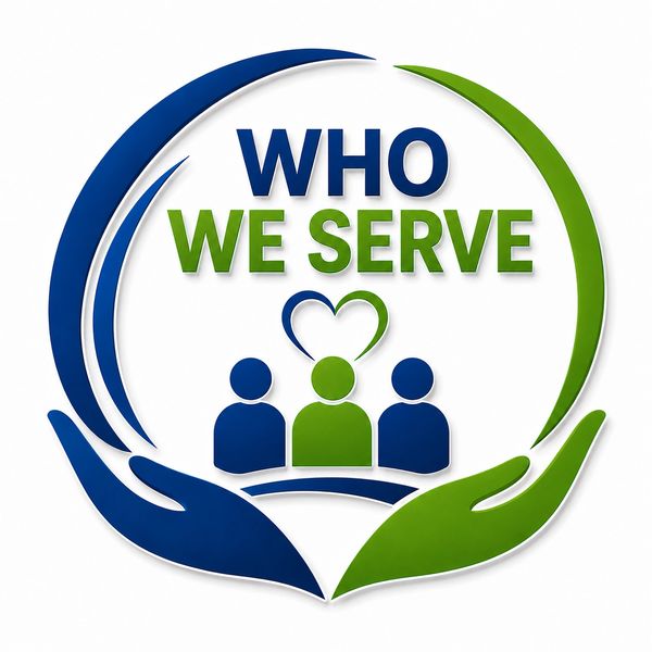 Logo with phrase 'Who We Serve' and people icons with hands.