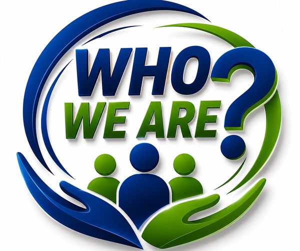 Graphic with text 'WHO WE ARE' and colored figures.