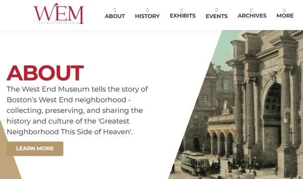 West End Museum about page with historic Boston image.