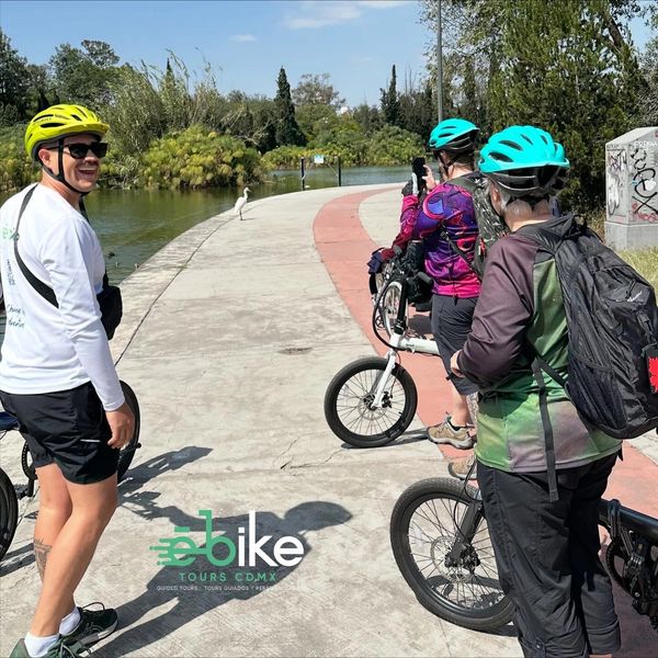 Group of cyclists with helmets by a lakeside path, enjoying a sunny day.