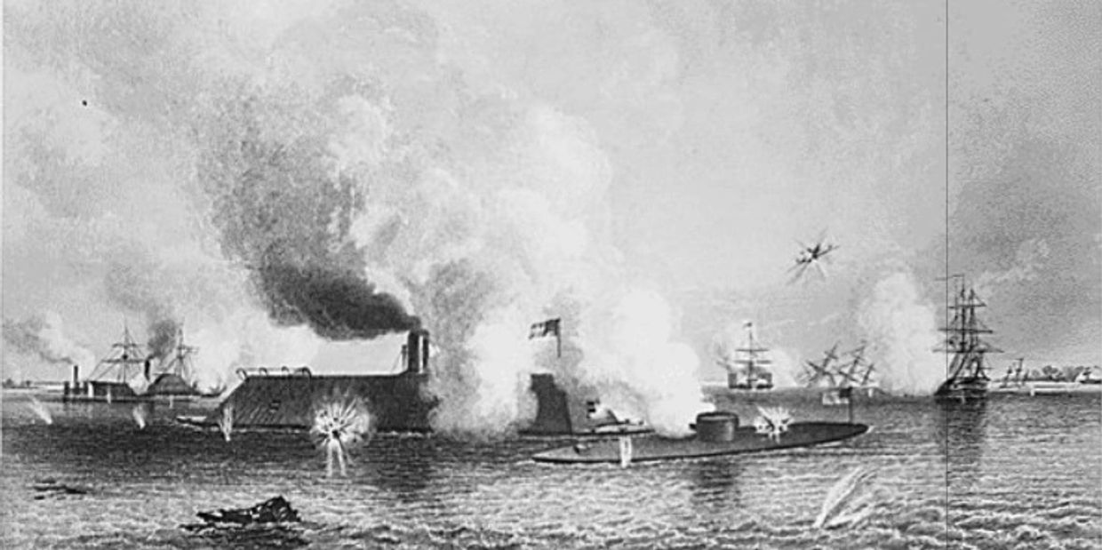 The CSA Virginia (also known as the Merrimac) battling the USS Monitor.