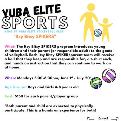 Flyer for Yuba Elite Sports 'Itsy Bitsy Spikers' volleyball program for kids and parents.