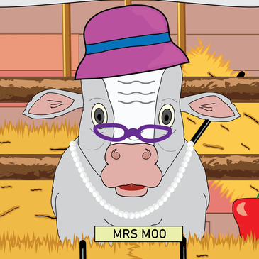 Cartoon cow named Mrs. Moo with accessories.