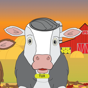 Cartoon cow named Tux in a farm setting.