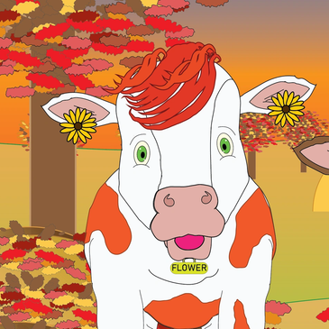 Cartoon cow named Tux in a farm setting.