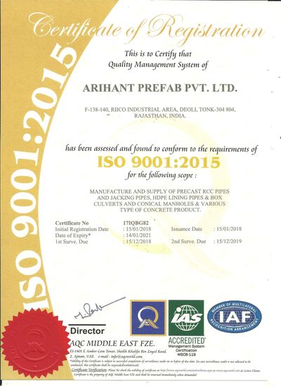 An Image Showing ISO License Of Arihant Prefab Private Limited.