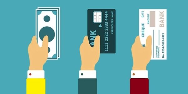Illustration of hands holding cash, credit card, and bank cheque.