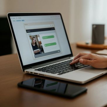 Person using laptop for video call or chat with a woman on screen.