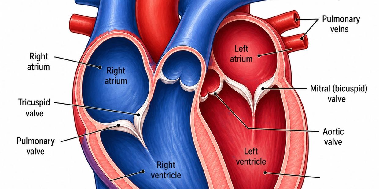 Anatomical diagram of the heart showing chambers and valves.