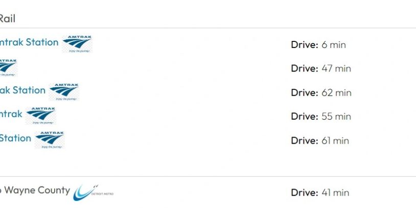 List of drive times to various Amtrak stations and Detroit Metro.