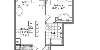 Floor plan of a one-bedroom apartment with kitchen, living area, bedroom, bath, and closets.