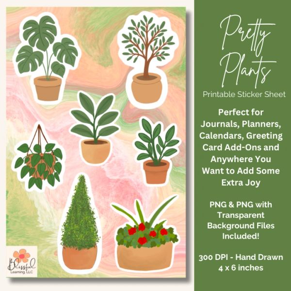 Printable sticker sheet featuring hand-drawn potted plant illustrations for journals and planners.