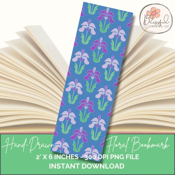 Hand-drawn floral bookmark with purple flowers on a blue background.