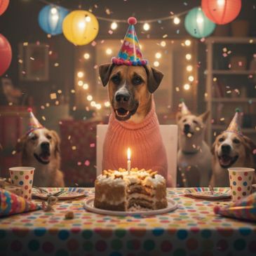 Dogs wearing party hats celebrating a birthday with cake and decorations.