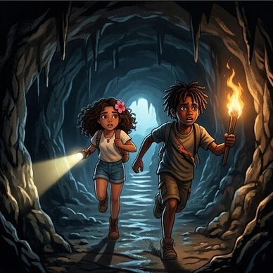 Two kids explore a dark cave with a torch and flashlight.