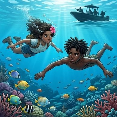 Two children swim underwater with fish and a boat above.
