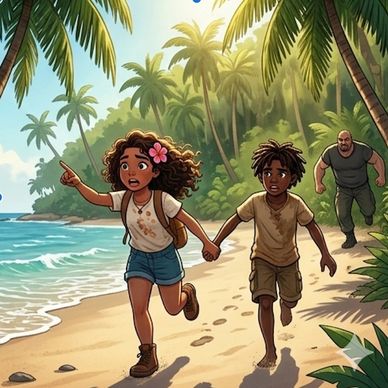 Two children running on a beach, chased by a man through the jungle.