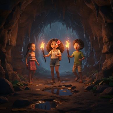 Three children explore a dark cave with torches, discovering hidden gold coins.