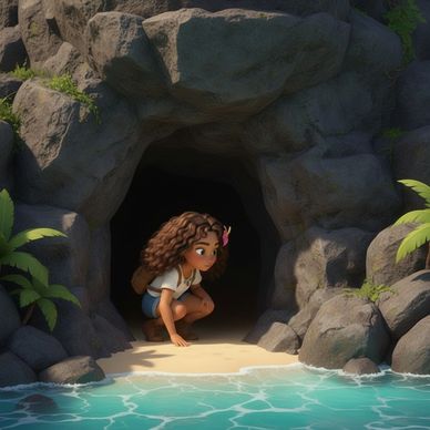 A girl cautiously emerging from a rocky cave onto a sandy shore by clear blue water.