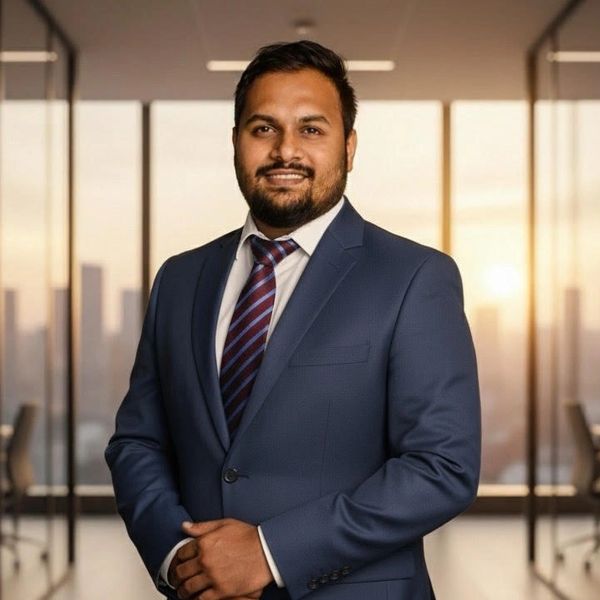 Confident man in a navy suit and striped tie standing in a modern office.