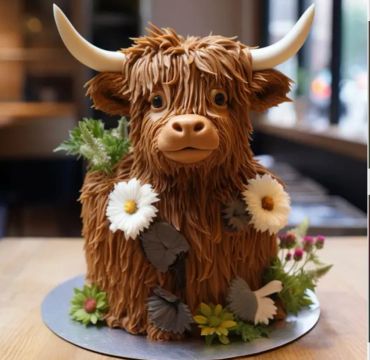 A cake shaped like a highland cow with flowers.
