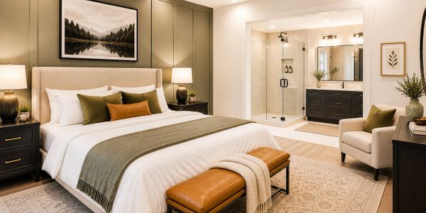 Elegant bedroom with a cozy bed, bench, and connected bathroom.