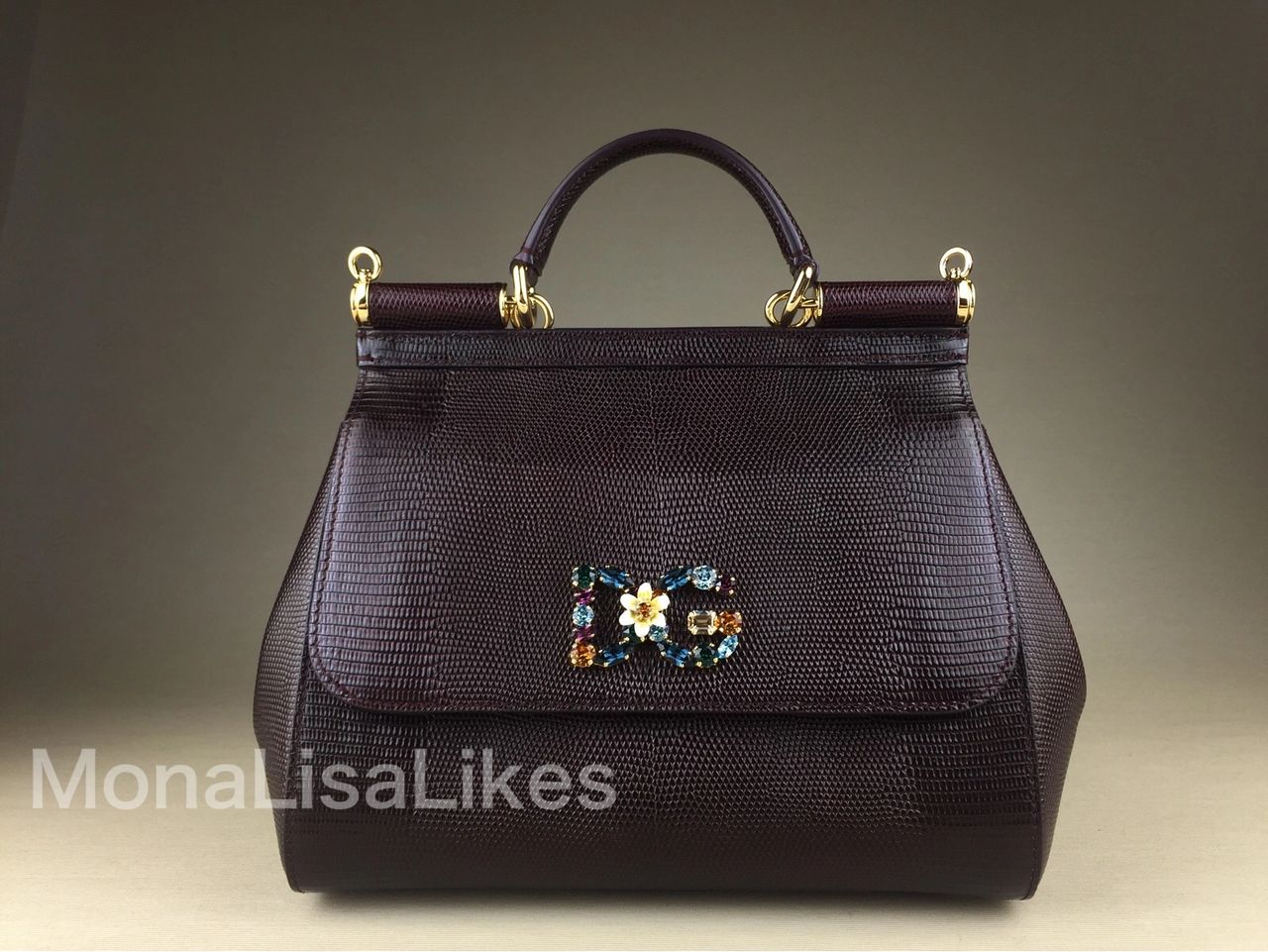 DOLCE & GABBANA Miss Sicily in lizard embossed leather with crystal embellished DG logo