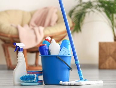 Blue bucket with cleaning supplies and mop on floor.