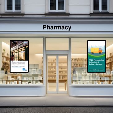 Modern pharmacy storefront with digital NHS service advertisements in the windows.