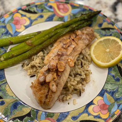 A beautiful plated meal consisting of speckled trout amandine over a bed of wild rice and asparagus 