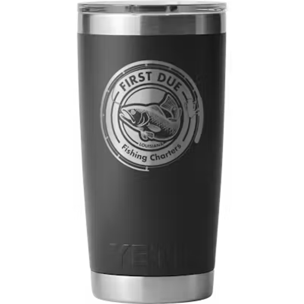Black YETI tumbler with a fishing charter logo.