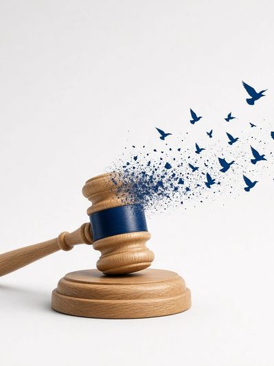 Gavel transforming into flying birds.