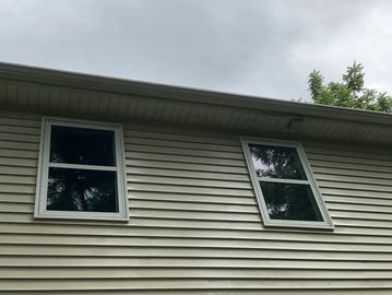 Gutter clean with ladder. Window cleaning.