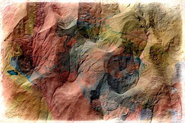 Abstract textured artwork with earthy tones and layered colors.