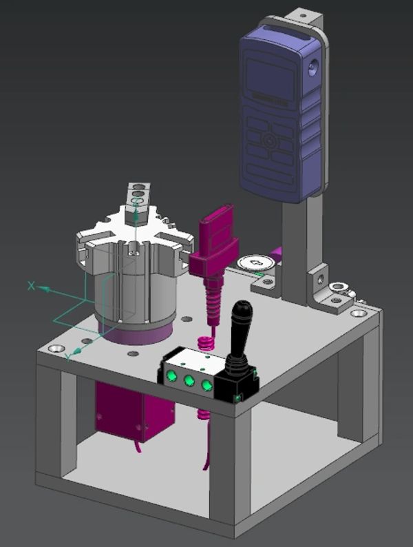 3D model of a mechanical testing or control device with joystick and display.