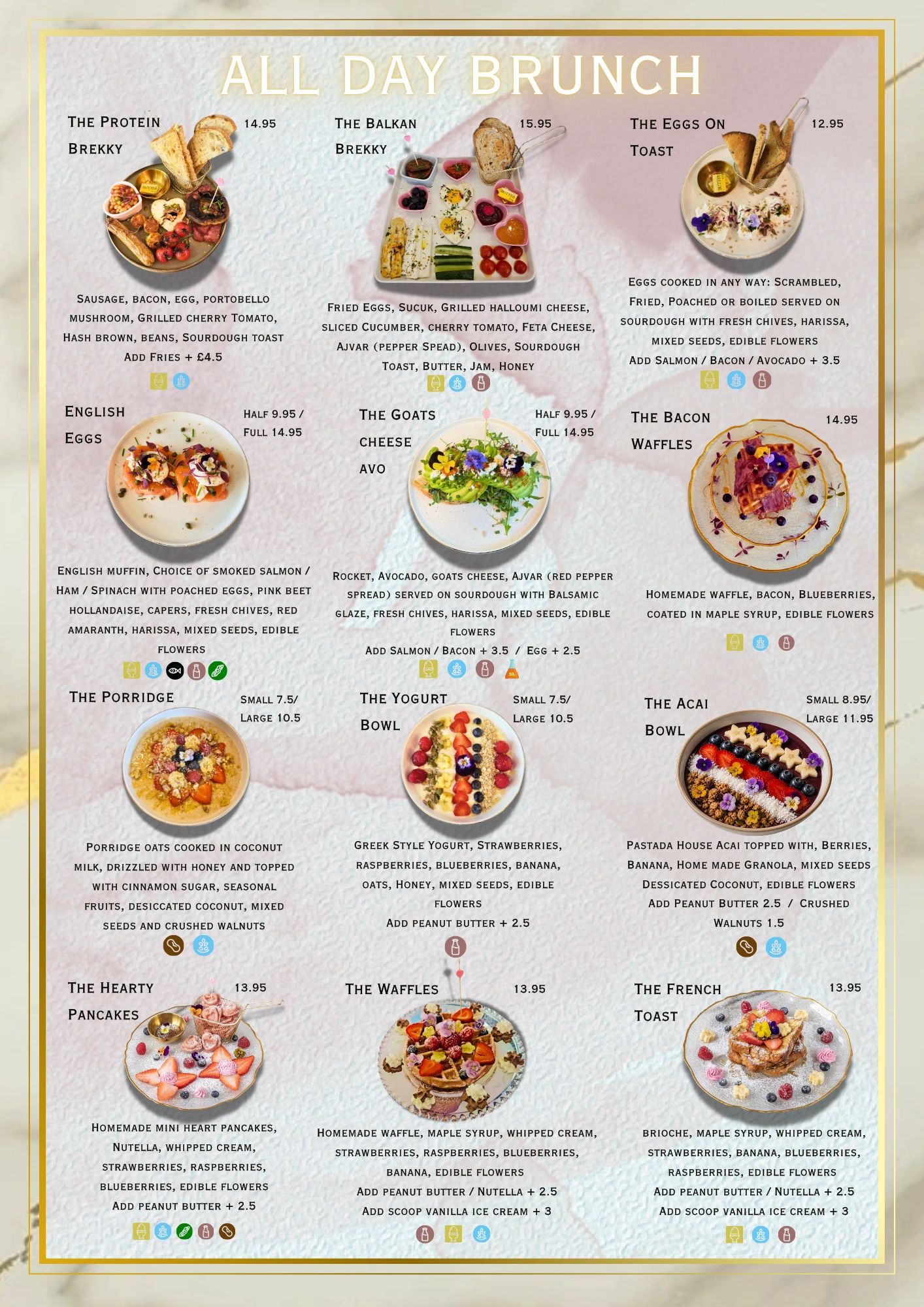 All day brunch menu with various plates including protein, eggs, waffles, and bowls.