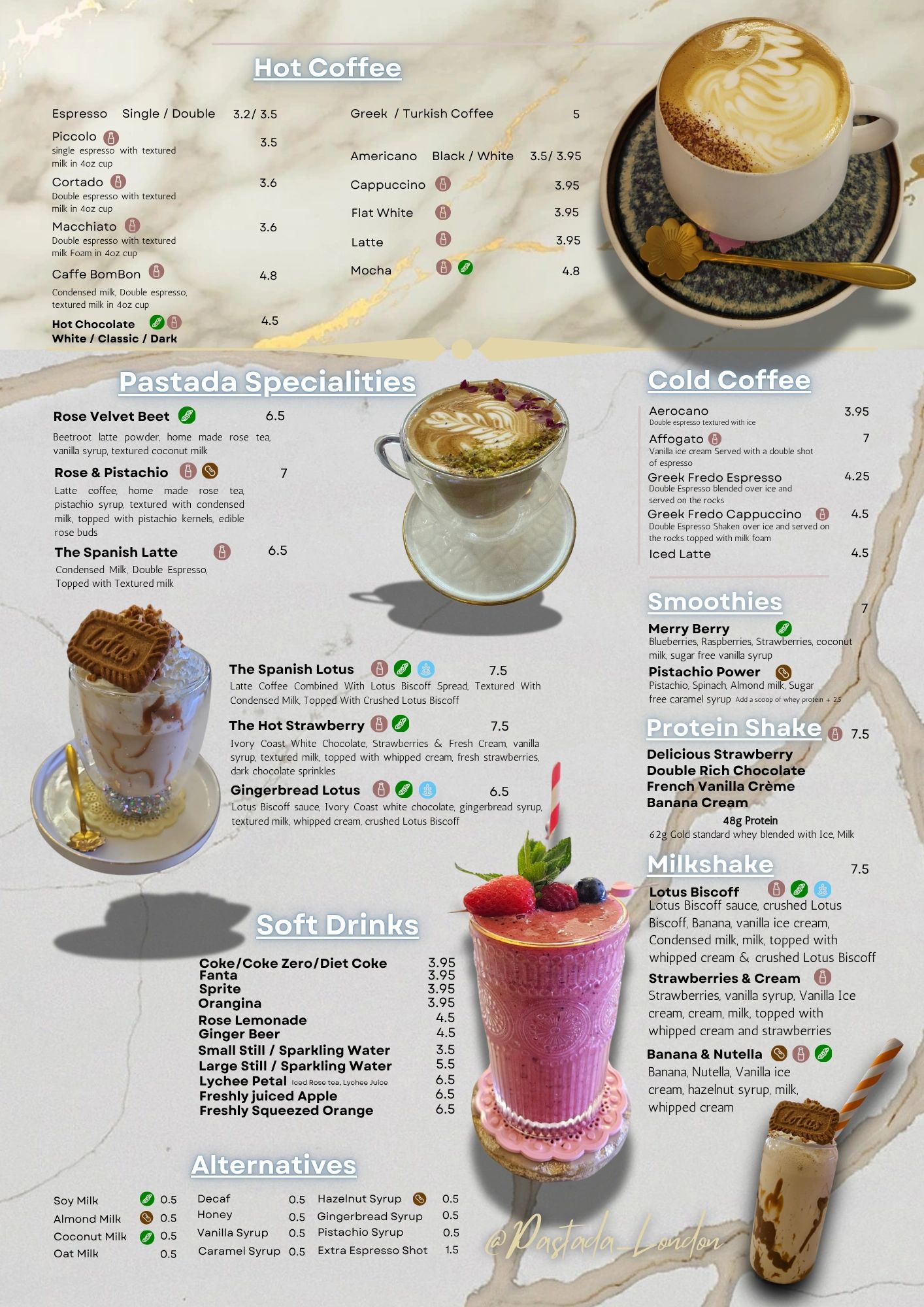 Coffee and smoothie menu with drinks and prices.