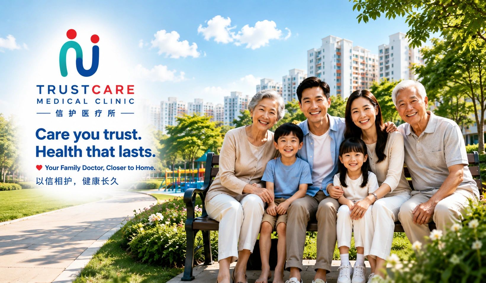 Multi-generational family representing family healthcare at TrustCare Medical Clinic in Ang Mo Kio.