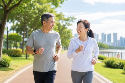 An elderly couple jogging outdoors on a sunny day.