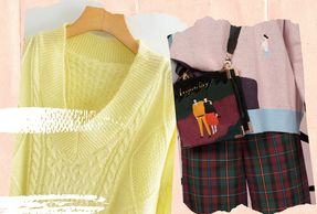 Two stylish outfits on wooden hangers featuring a yellow knitted vest and a plaid skirt with a sweater.