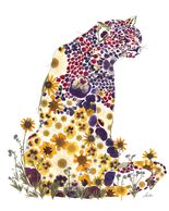 A colorful leopard silhouette filled with purple and yellow flowers.