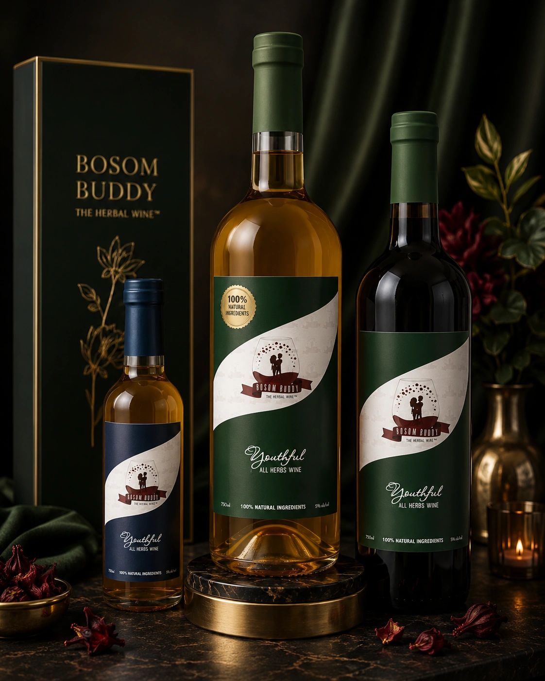 Three bottles of Bosom Buddy herbal wine with elegant packaging.