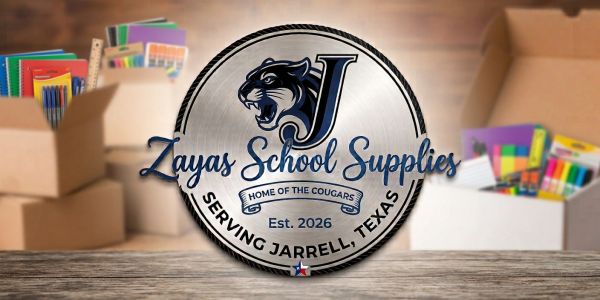 Logo of Zayas School Supplies with school supplies and boxes.