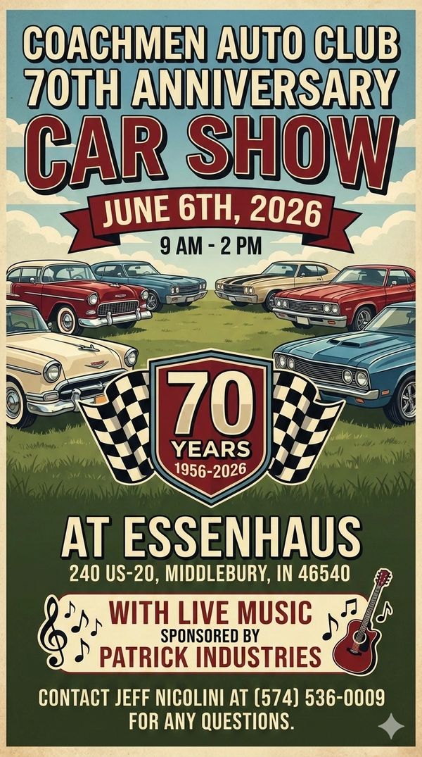 The flyer for the coachmen car show at Das Essenhaus.