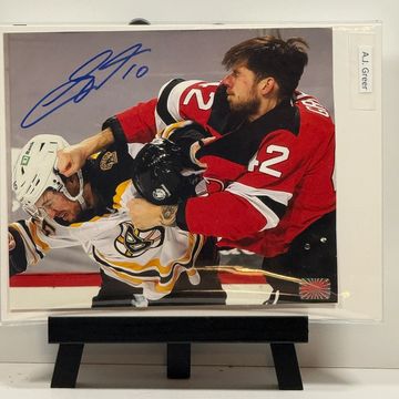 Hockey fight between two players in red and white and yellow and black uniforms.