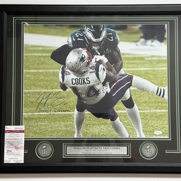 Framed signed photo of Malcolm Jenkins tackling Brandin Cooks in Super Bowl LII.
