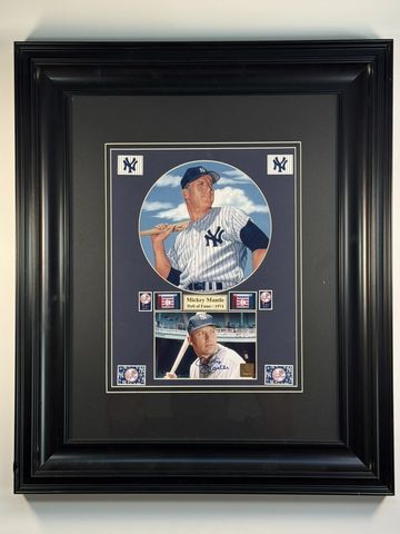 Framed Mickey Mantle Yankees baseball memorabilia with autograph.