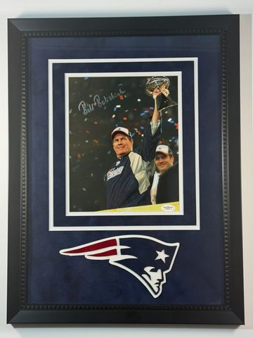 Bill Belichick holding the Super Bowl trophy, signed photo.
