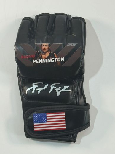 Autographed UFC glove with Raquel Pennington's name and American flag.